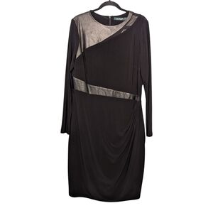 Lauren Ralph Lauren Black Faux Leather Paneled Sheath Dress | 16 | Long Sleeve